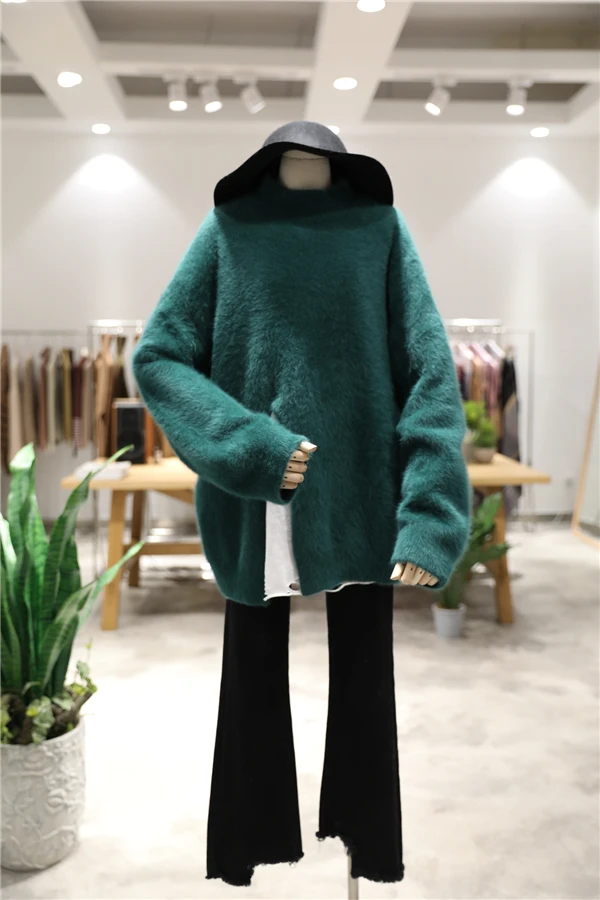 

Aihuyigui Autumn Winter Splits High Collar Sweater Women's Heads Long Long Loose Knitted Sweater Loose Streetwear Jumper Dr732
