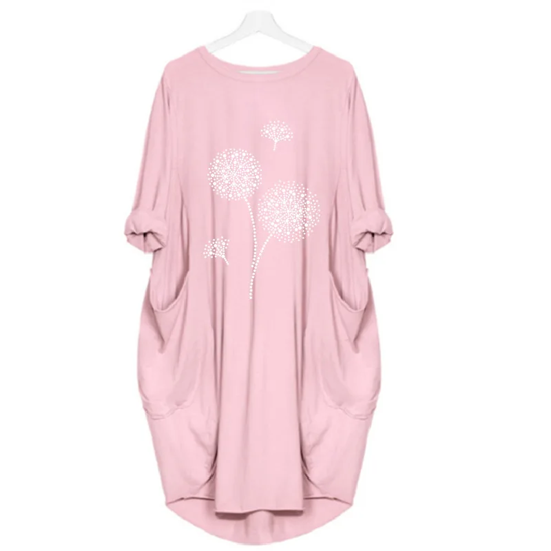 

Women's dress summer casual pullover round neck long sleeve loose pocket traf Women's sweaters dandelion print y2k woman dress