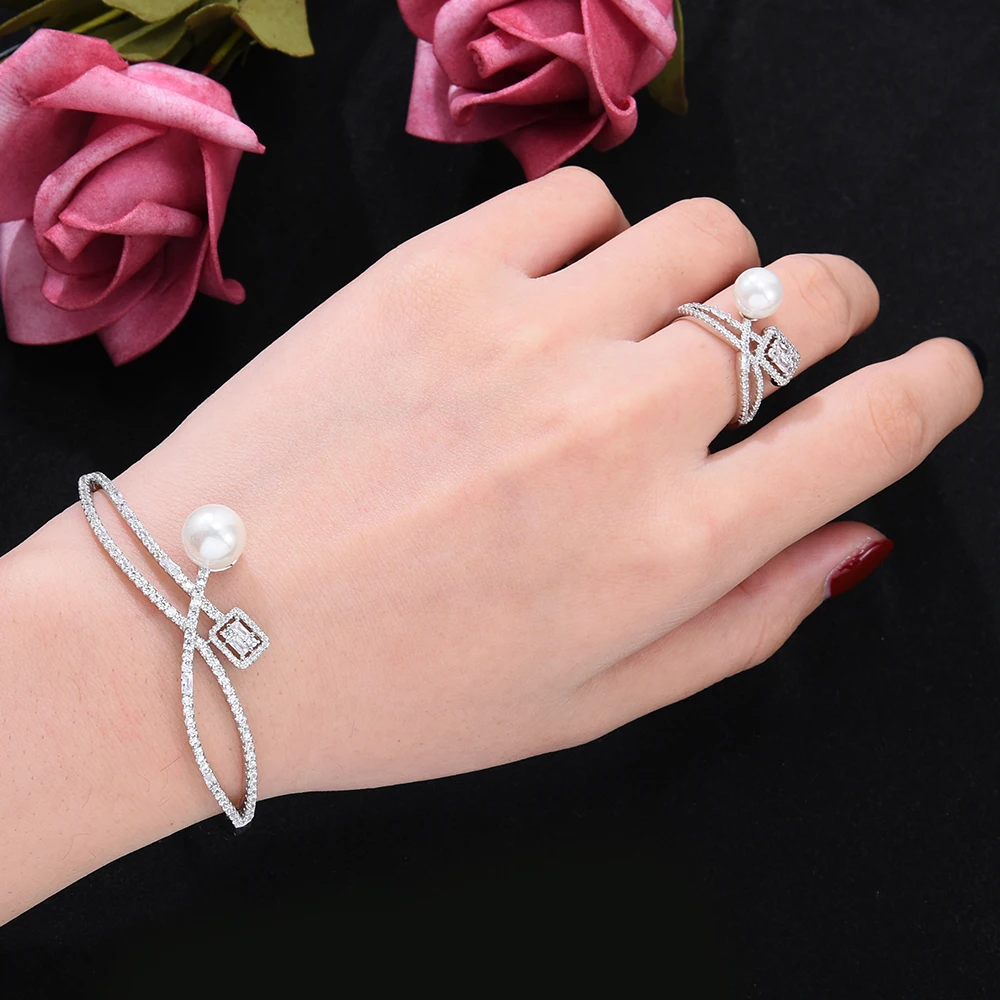 

Siscathy 2Pcs/set New Open Rings Bangle Jewelry Set Luxury Fashion Zircon Pearl Simplicity Bracelet Party Wedding Accessories