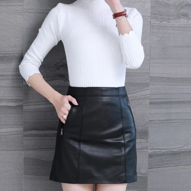 

2021 Spring Autumn New Sheepskin Genuine Leather Mini A-Line Skirts Women High Waist Sexy Natural Leather Plus Size Skirts Lady