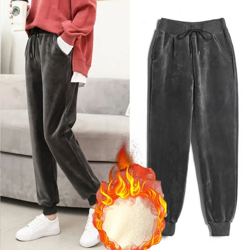 

Зимние плотные шерстяные/бархатные спортивные брюки с серебряным краем, Женские базовые повседневные уличные спортивные брюки, женские мо...