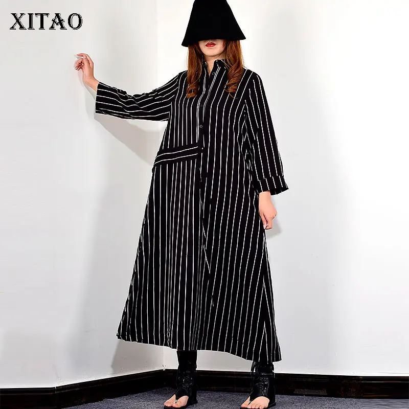 Женское однобортное платье миди с отложным воротником в полоску|Женские платья| |