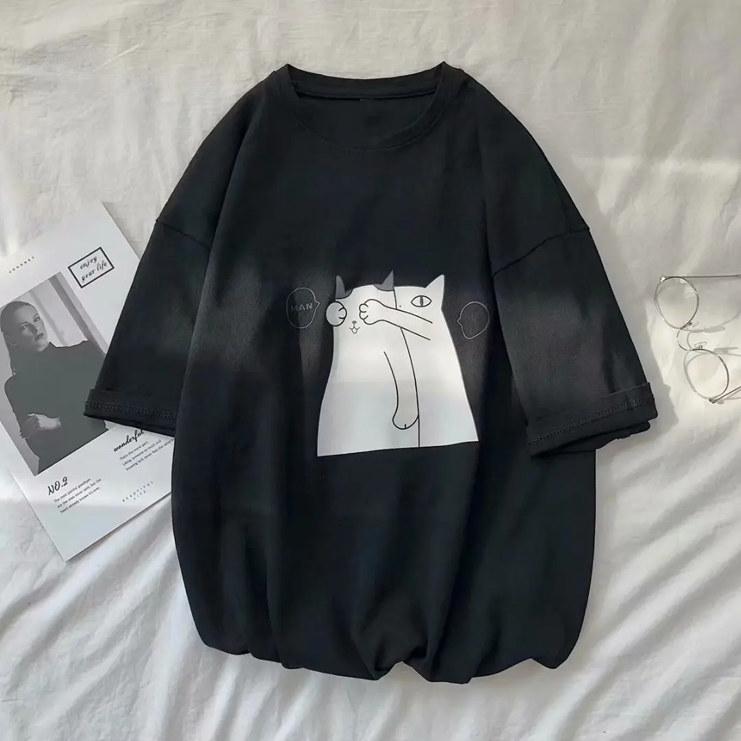 Летняя одежда 2021 свободная футболка с коротким рукавом и принтом кота - купить по