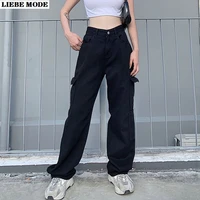 womens white hip hop straight pants multi pockets streetwear boyfriend jeans black cargo jean palazzo woman loose pentalon denim