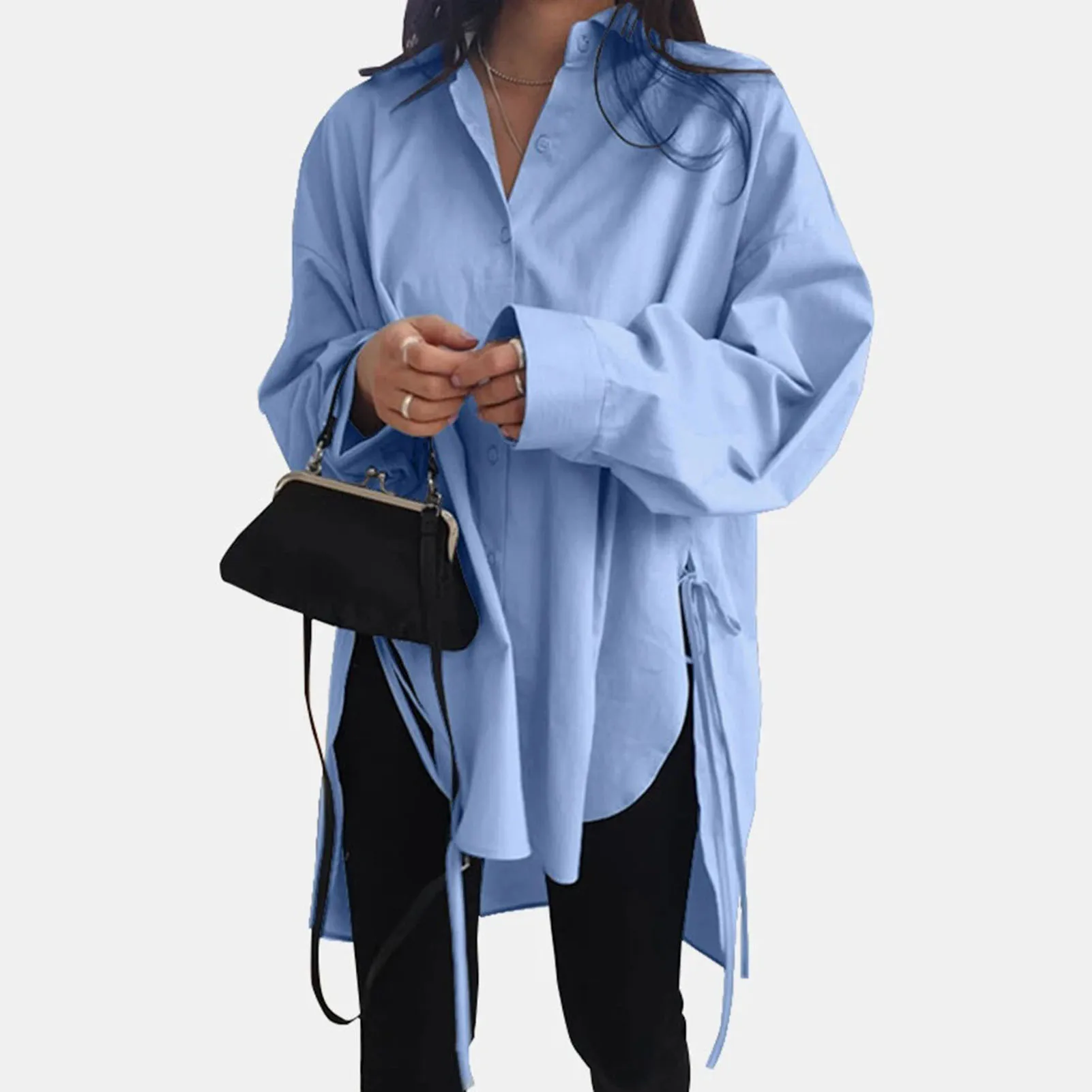

Office Lady Shirt Solid Color Lace-up Spring Autumn Lapel Long Sleeve Buttons Long Blouse for women рубашка женская