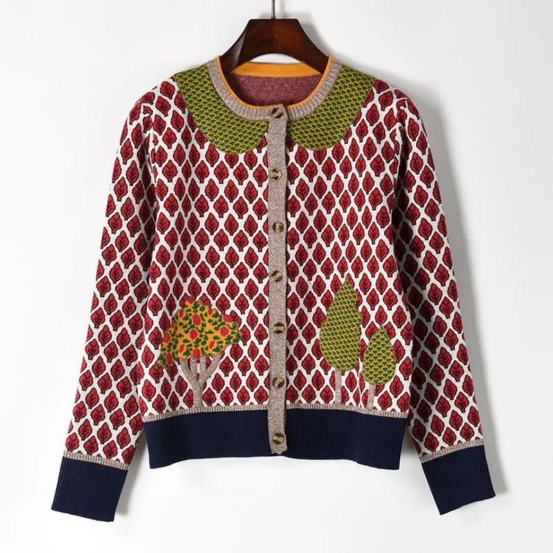 

2020 осенне-зимний модный женский жаккардовый кардиган с милыми листьями для девочек, однобортный вязаный свитер с длинным рукавом, пальто A20