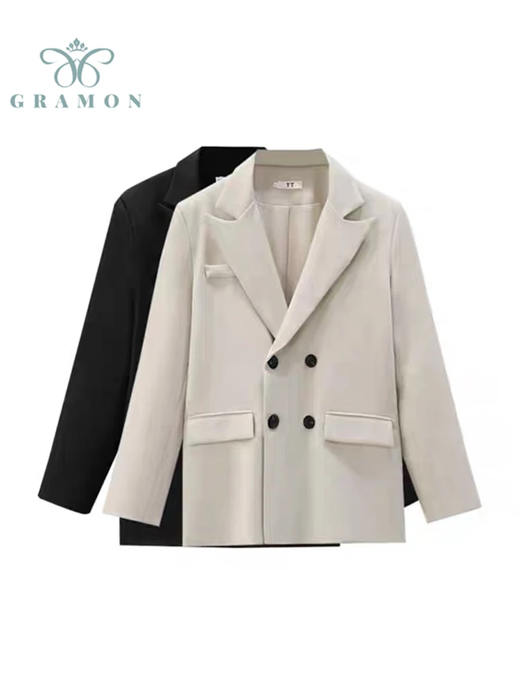 

Женский офисный Блейзер, двубортный шикарный жакет оверсайз на осень и зиму, повседневный свободный Однотонный женский блейзер с карманами