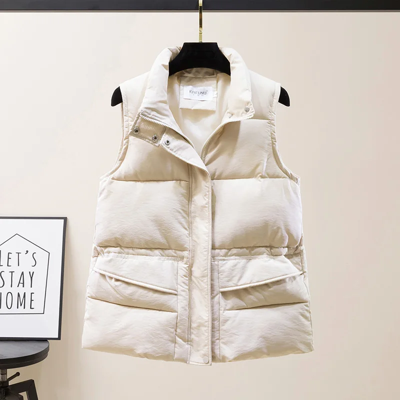 

Solid Short Style Vest for Women Cotton Padded Plus Size Women's Winter Sleeveless Jacket with Zipper Stand Collar Casual Coats
