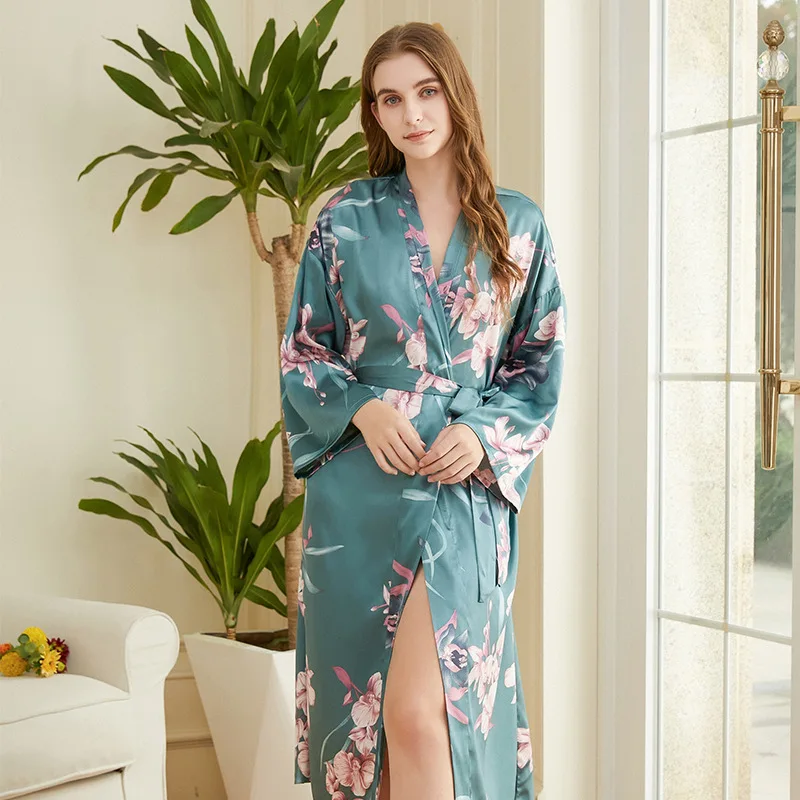 

Womens New Arrival Autumn Winter Ice Silk Print Flower Long Sleeve Night Sleep Wear Bathrobe Robes Female Wedding Bridals Kimono