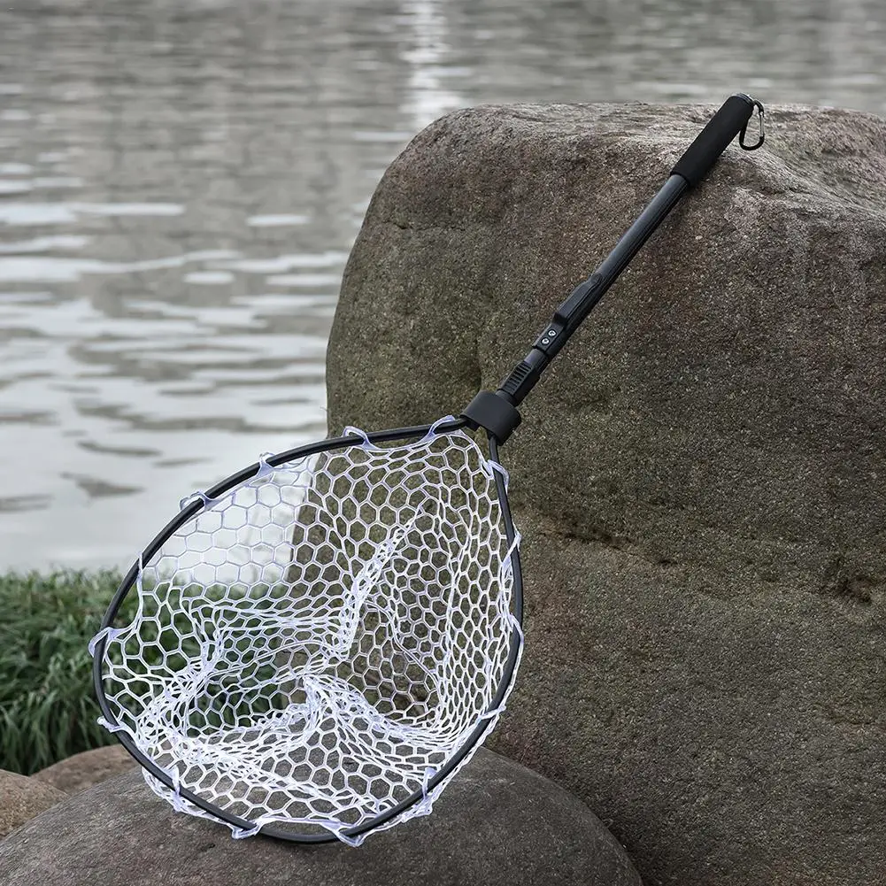 

Black Aluminum Alloy Fast Folding Hand Net Fishing Fly Trout Bass Net Soft Rubber Mesh Catch Release Net Soft Rubber Mesh