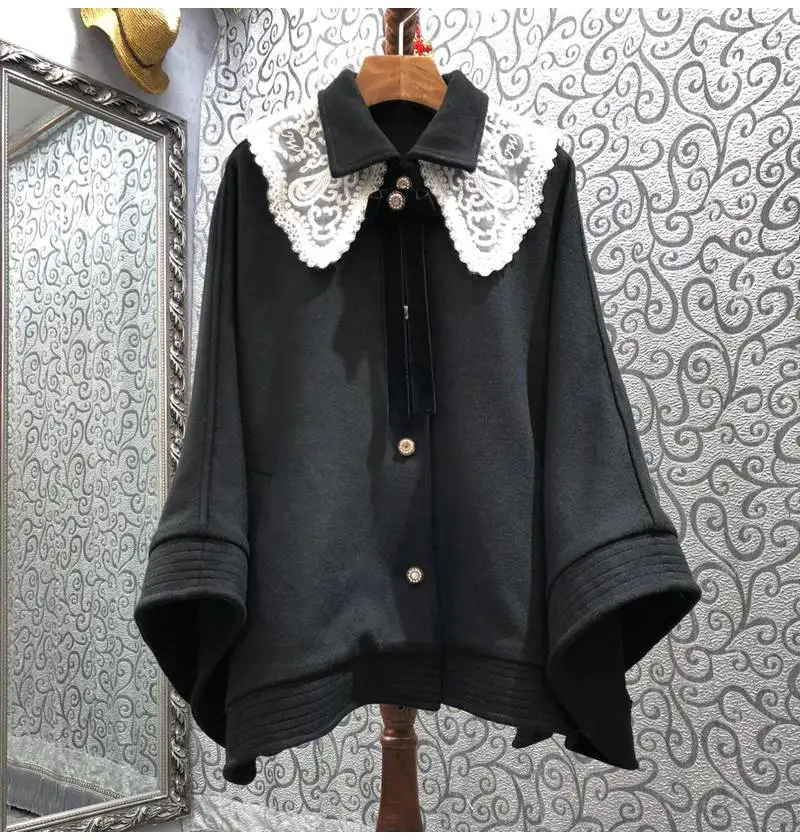 

Cape Poncho Coats 2022 Spring Autumn Winter Coat High Quality Wool Blend Women Turn-down Collar White Lace Deco Casual Outerwear