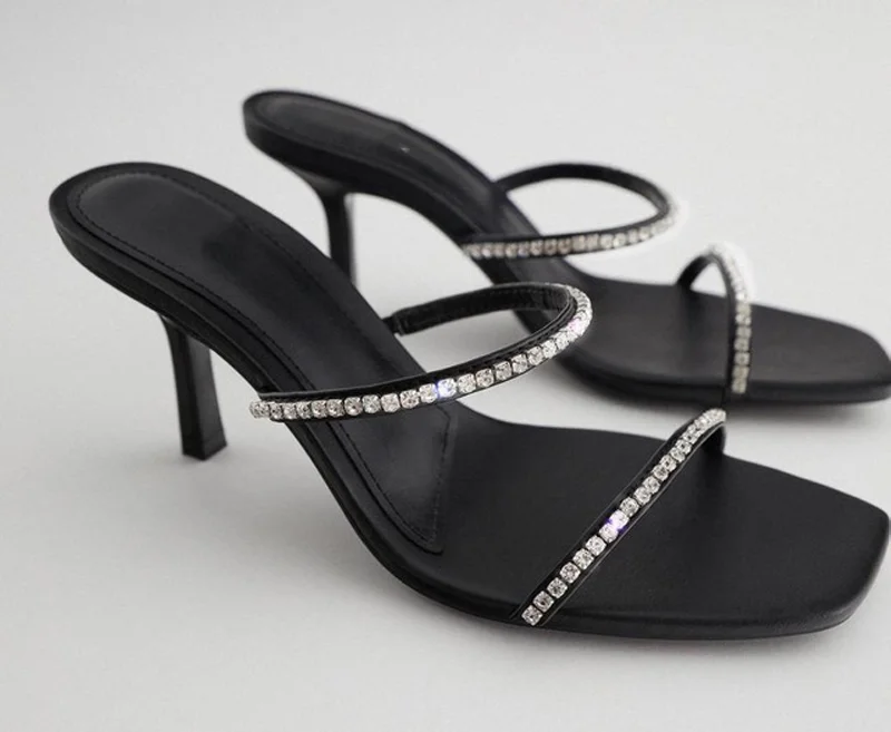 

2021 summer fashion new women's shoes black square toe rhinestone accessories high heel sandals