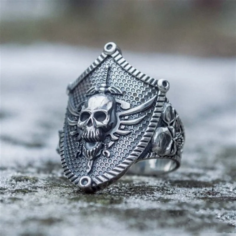 

New Retro Exaggerated Men's Skull Sword Shield Ring Fashion Personality Goth Punk Domineering Popular Party Jewelry Accessories