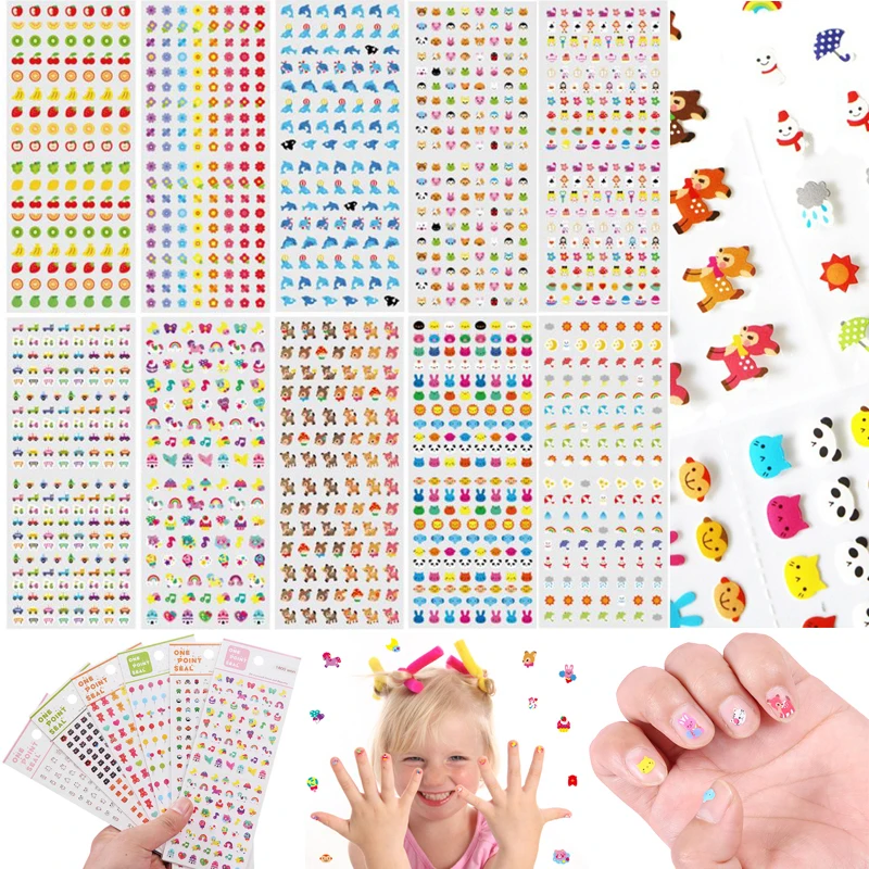 

1000+psc Cartoon Makeup Nail Stickers Toy Kids Girl DIY Design Decals 10 Sheets Candy Color Animal Fruit Flower Car Pattern Gift