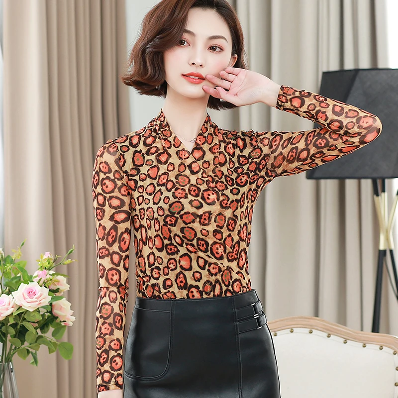 

Women Blouses Lace Mesh Printed Women Clothing Autumn 2021 New Fashion Casual Women Tops Long Sleeve V-neck Elegant 6211 50