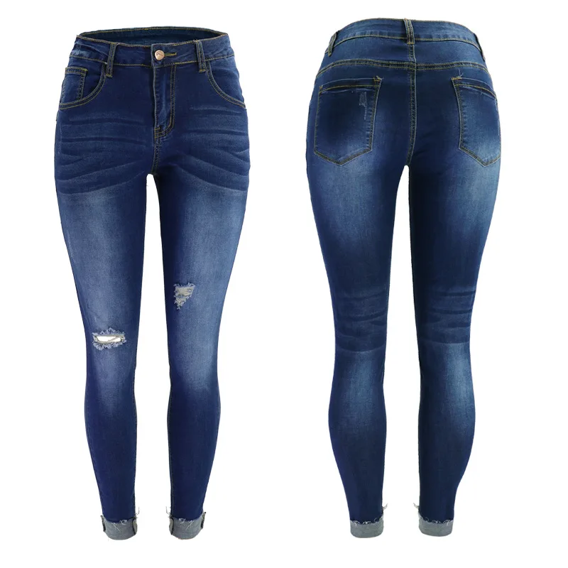 

Cropped Jeans Women Classic Dark Blue Jeans Casual Pants Hip Hole Women's Pants
