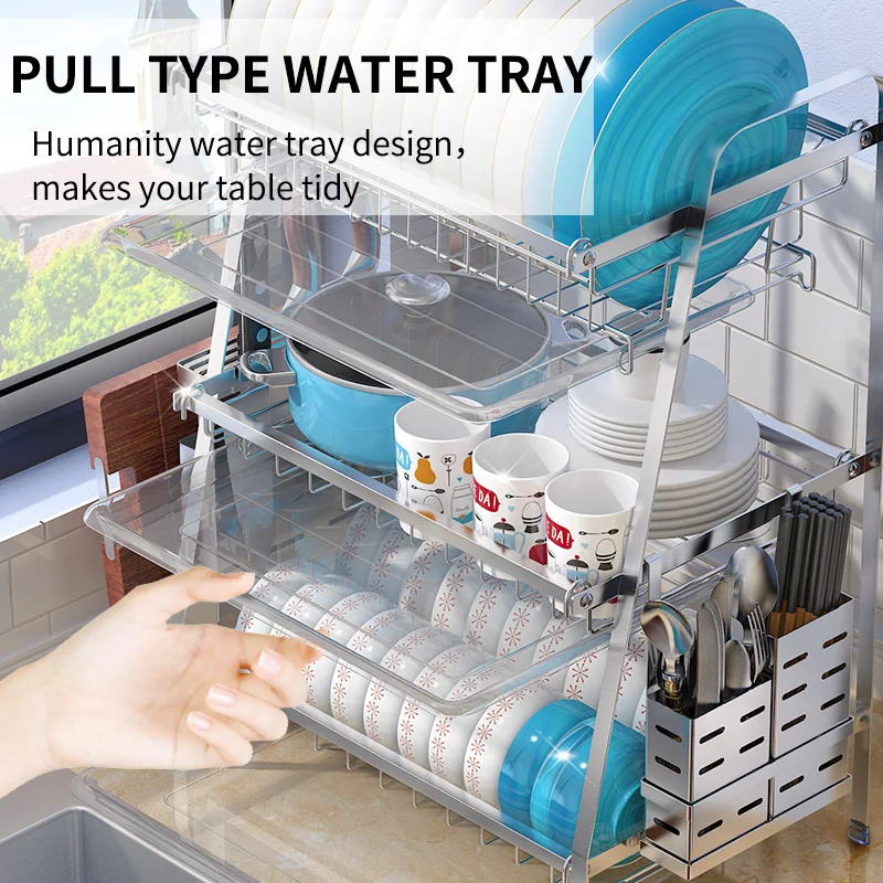 Кухонная сушилка для посуды 3 уровня нержавеющая сталь 304|Полки и держатели| |