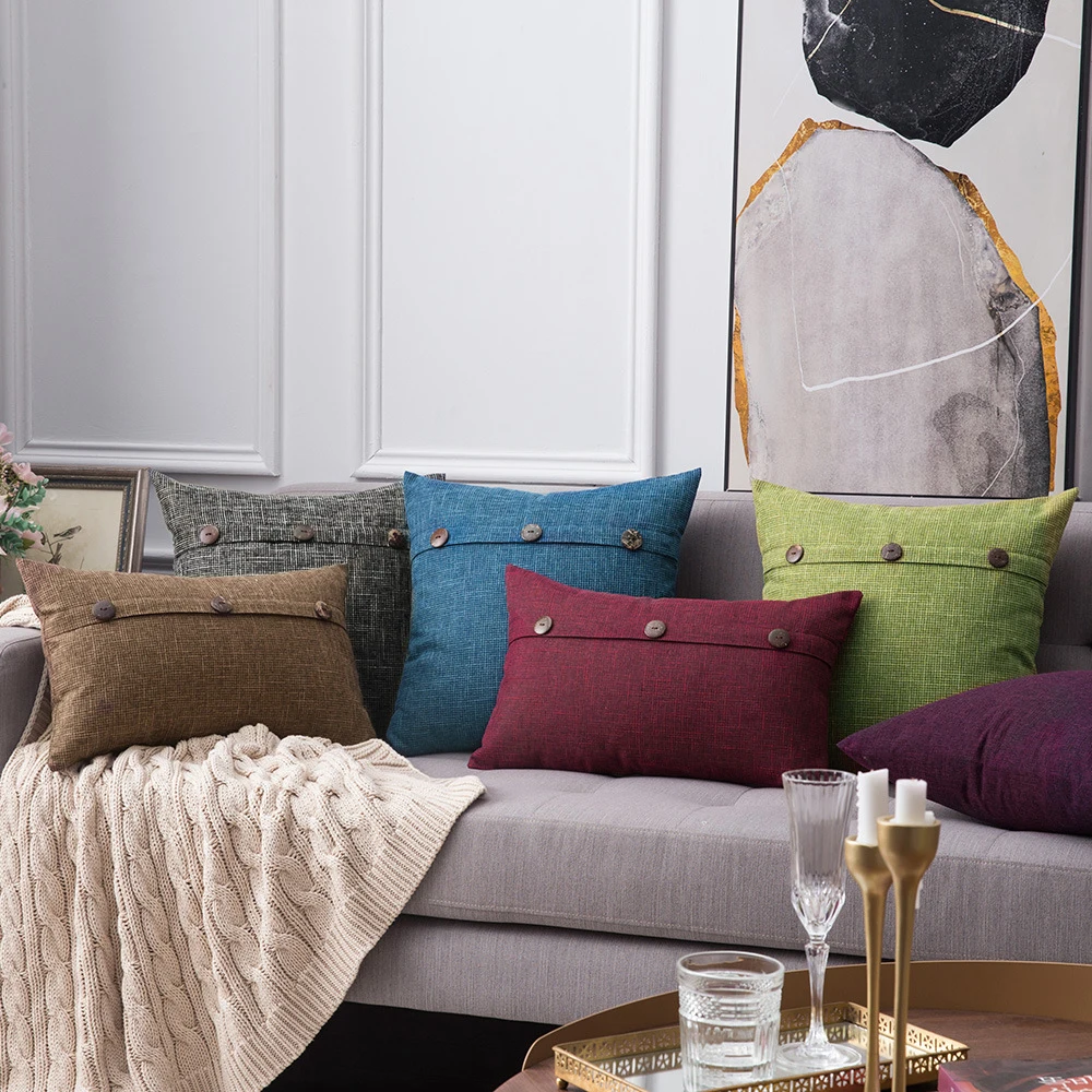 2 комплекта декоративная льняная чехлы на диванные подушки Чехол Тройная Кнопка