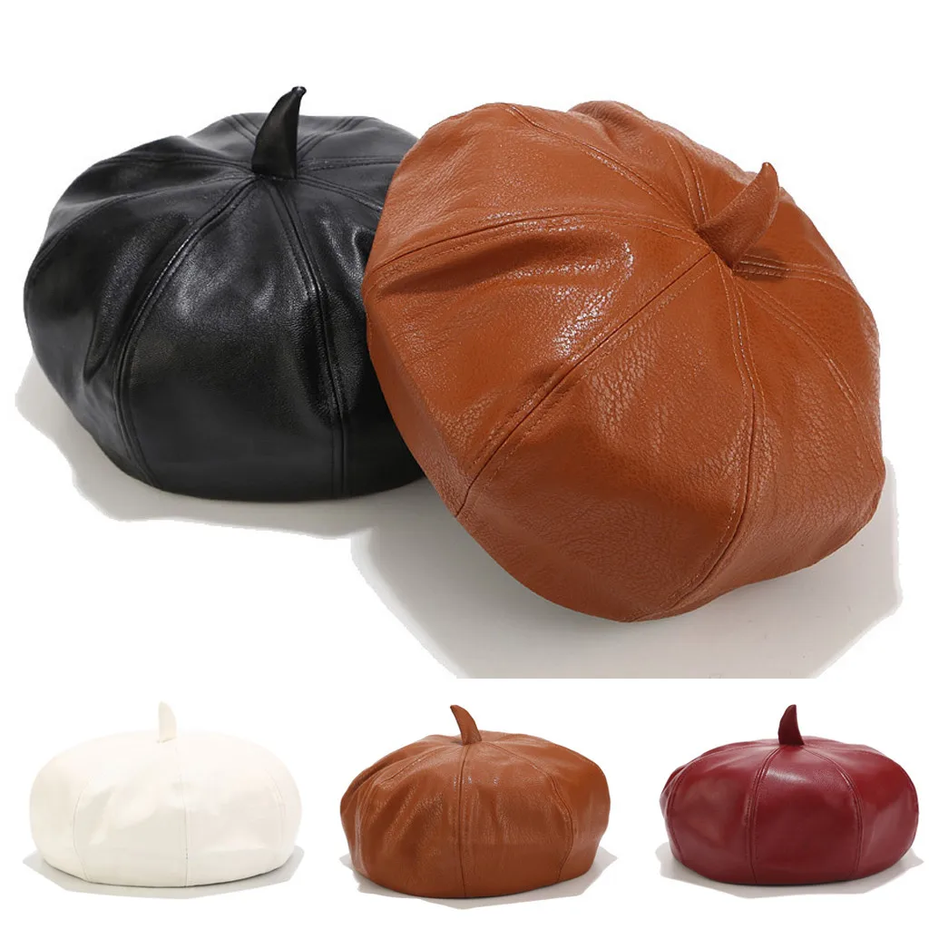 Модные береты Женские однотонные кожаные тыквенные шляпы восьмиугольная шапка