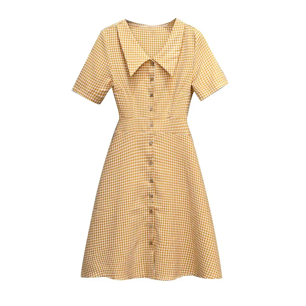

M-4XL plus size women elegant plaid Summer dress 2021 short sleeve button loose casual a line mini female dresses vestido