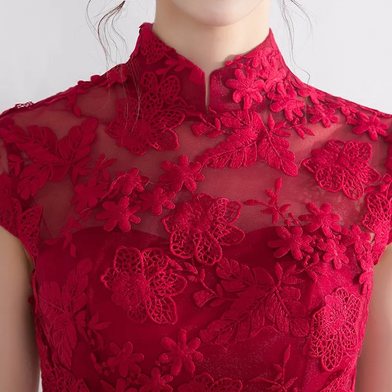 

Evening Dress Mandarin Collar Chinese Style Bridesmaid Wedding Dress Red Women Vintage Lace Toast Clothing Classic china dress