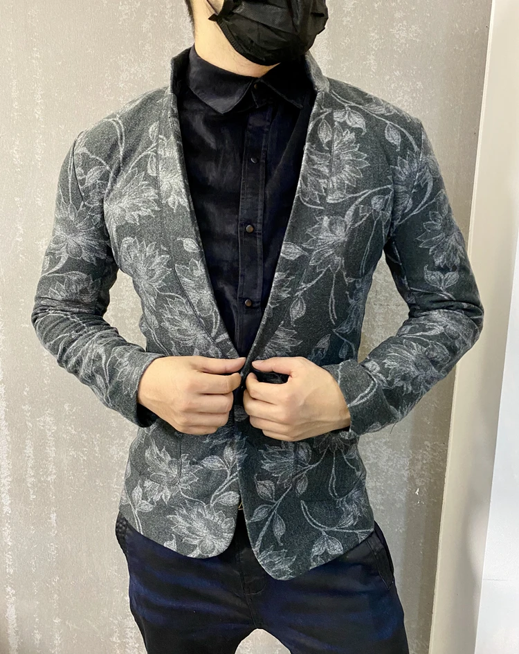 Осенне-зимний шерстяной мужской тонкий костюм повседневный блейзер с принтом