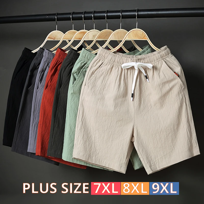 

2021 New Men's Solid Shorts Linen Solid Color Short trousers Male Summer Plus Size 7XL 8XL 9XL Breathable Flax Casual Shorts