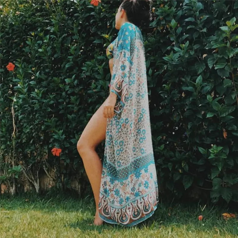Bohemian Printed Ankle Length Beach Cover Up Plus Size Women Summer Beachwear Chiffon Bathing Suit Coverup Kimono Cardigan N23