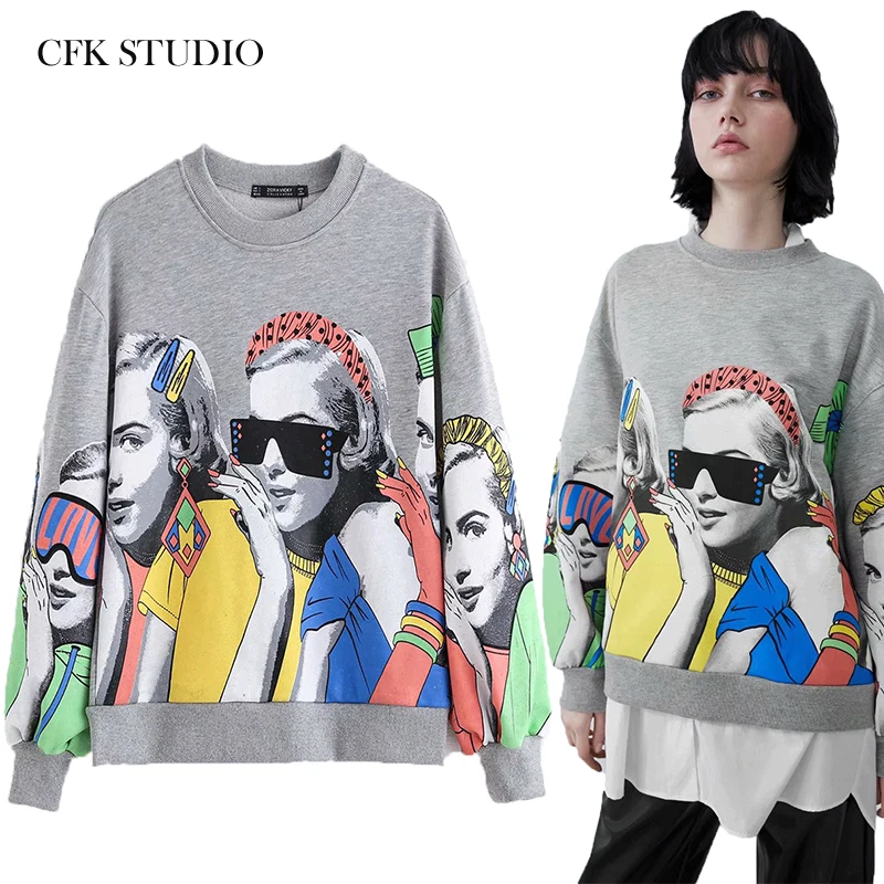 Женские хлопковые толстовки ZA серые оверсайз с длинным рукавом и мультяшным