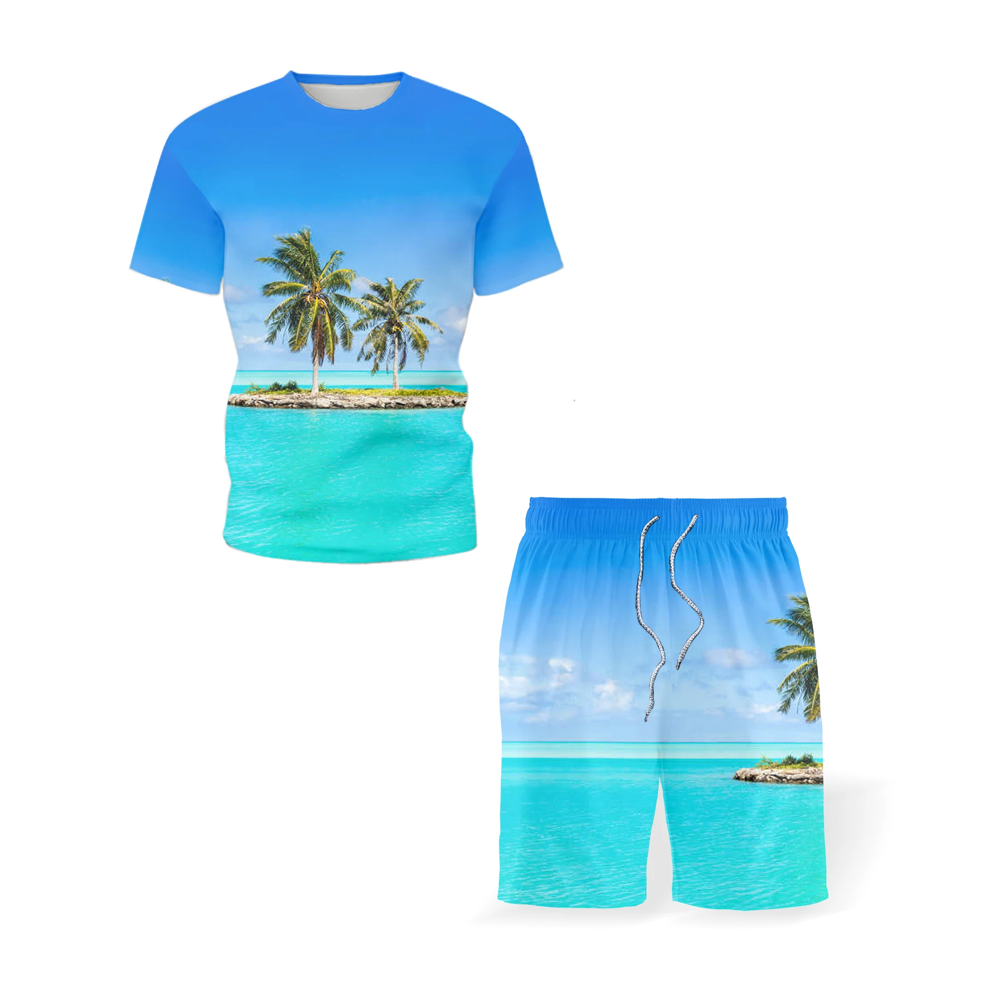 

Summer men's set 3D beach beautiful landscape printing set couple fashion casual hip-hop street short sleeve + shorts two-piece