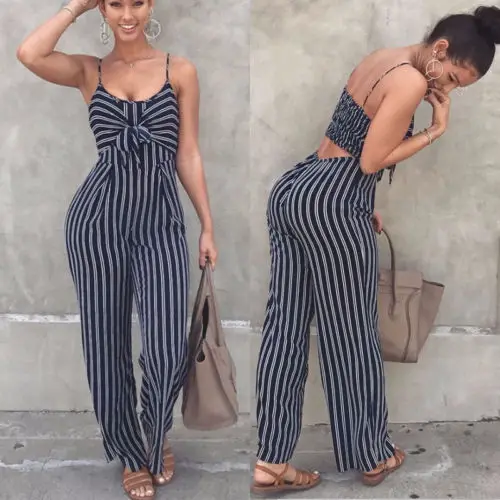 

Hirgin Ladies Women Striped Bow Clubwear Playsuit Bodysuit Party Overall Jumpsuit Strappy Romper Sleeveless Long Trousers Newest