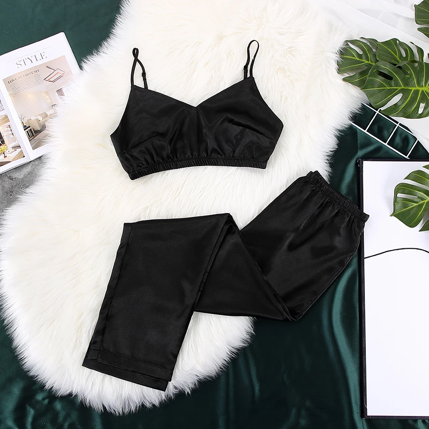 

Suphis Spaghetti Strap Fox Pajamas Print Summer Two Piece Set Top And Pants Sleepwear Satin Women V Neck Sexy Nightwear Pattern