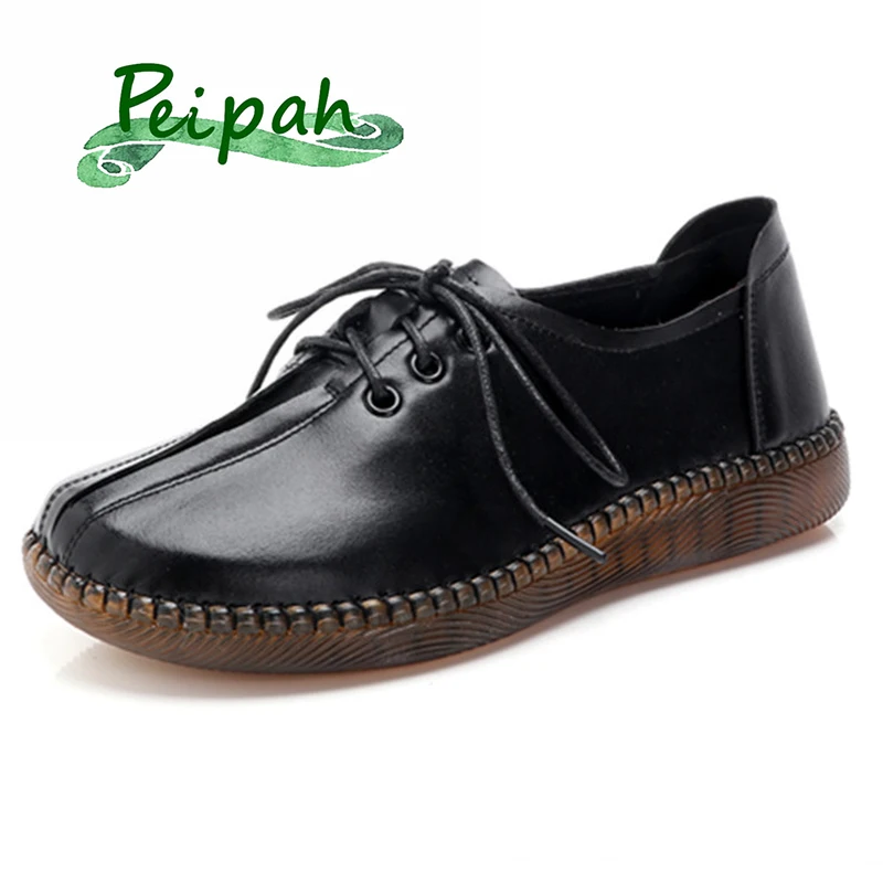 

Женские туфли ручной работы PEIPAH, натуральная кожа, плоская подошва, повседневная обувь в стиле ретро, на шнуровке, Осень-зима
