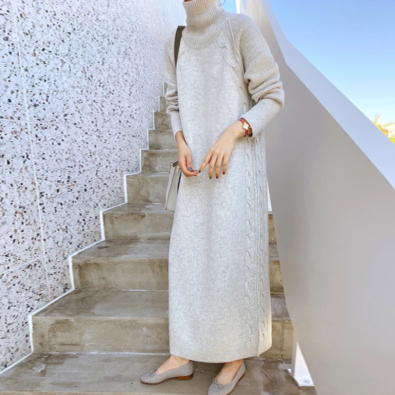 

Autumn And Winter High Neck Sweater Wool Fashion Women's Medium And Long Warm Thickened Knitted Cashmere Knee Length Dress