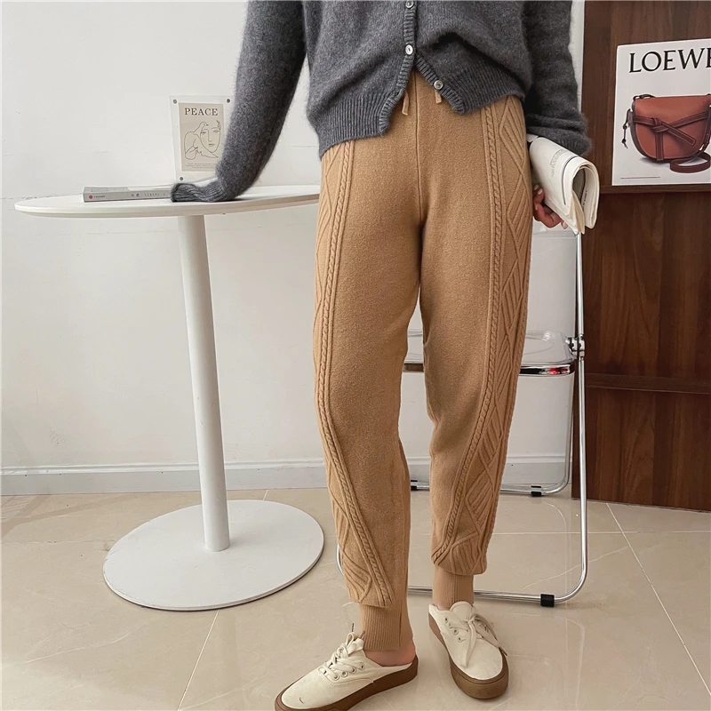 

Осень-зима 2022, вязаные шаровары с высокой талией и завязками, теплые брюки, повседневные свободные брюки, новинка 17898