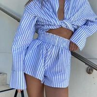 ueteey fashion casual striped blouse shirts and shorts matching set loose shirt sleeve top outfits summer 2021 women set