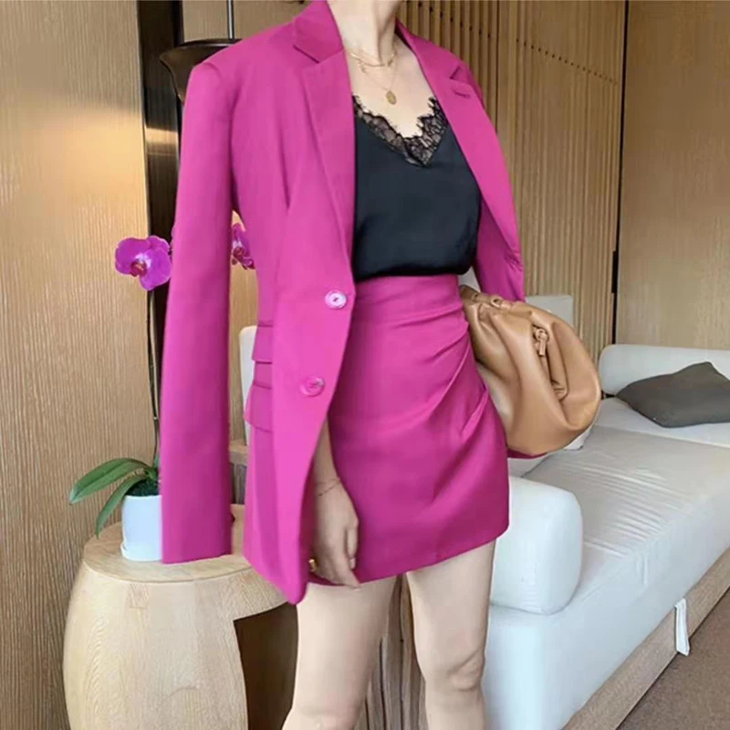 Фуксия Ruched Блейзер Пальто с длинным рукавом Высокая талия мини юбка Женский