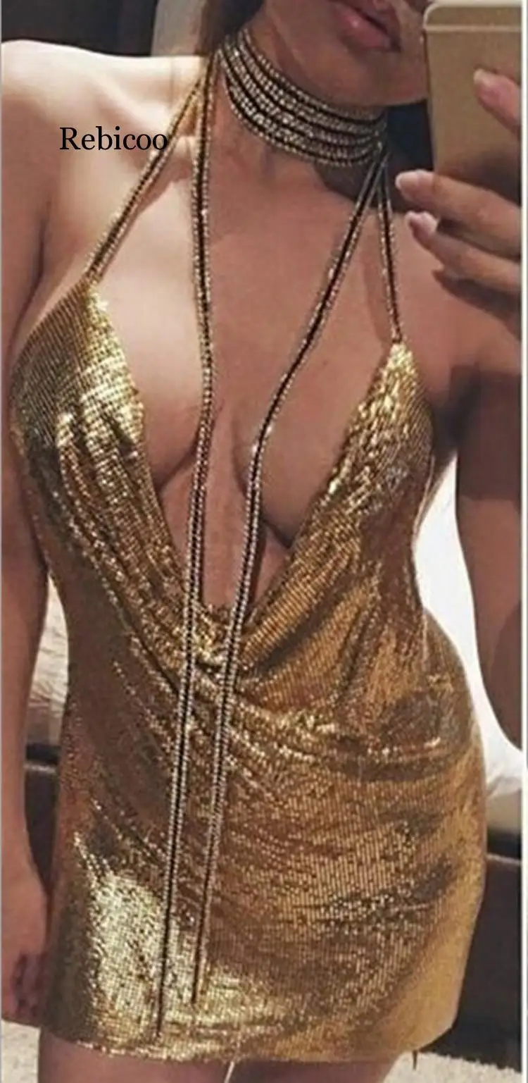 Женское мини-платье с лямкой на шее открытой спиной и блестками | Женская одежда