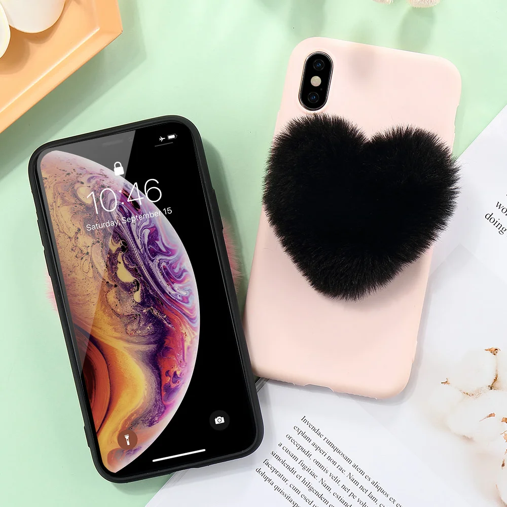 LAPOPNUT Роскошный милый 3D меховой помпон плюшевый чехол с сердечком для IPhone 11 Pro Max Xr X