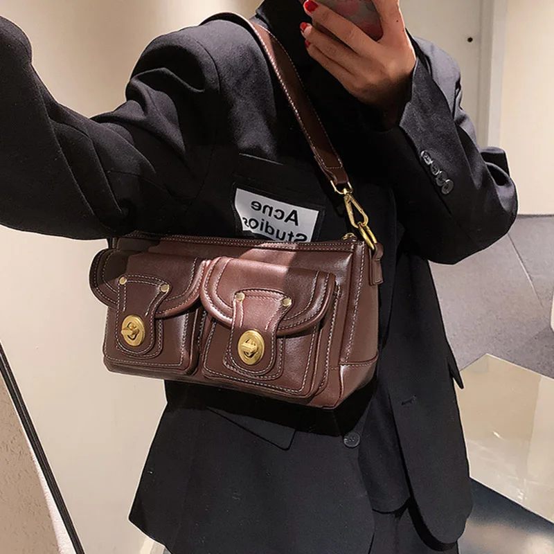 

Кожаные трендовые дамские сумки на плечо высокого качества 2021, женские Брендовые однотонные сумки для подмышек, модная сумка через плечо, ж...