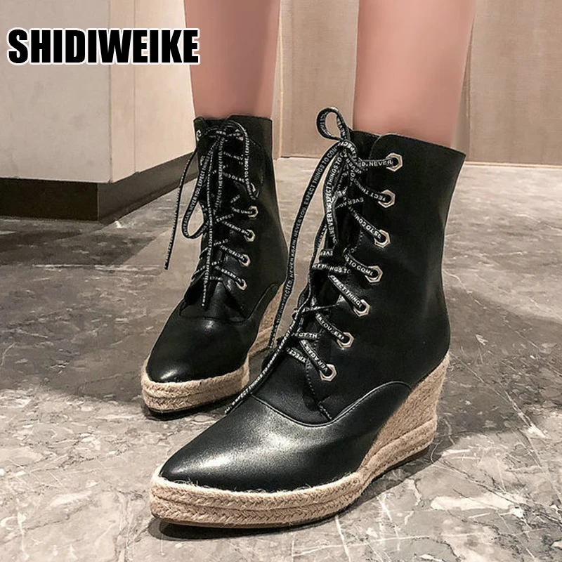 

Ботильоны женские на танкетке, повседневная обувь на низком каблуке, со шнуровкой, на платформе, короткие, гладиаторы, vc1189