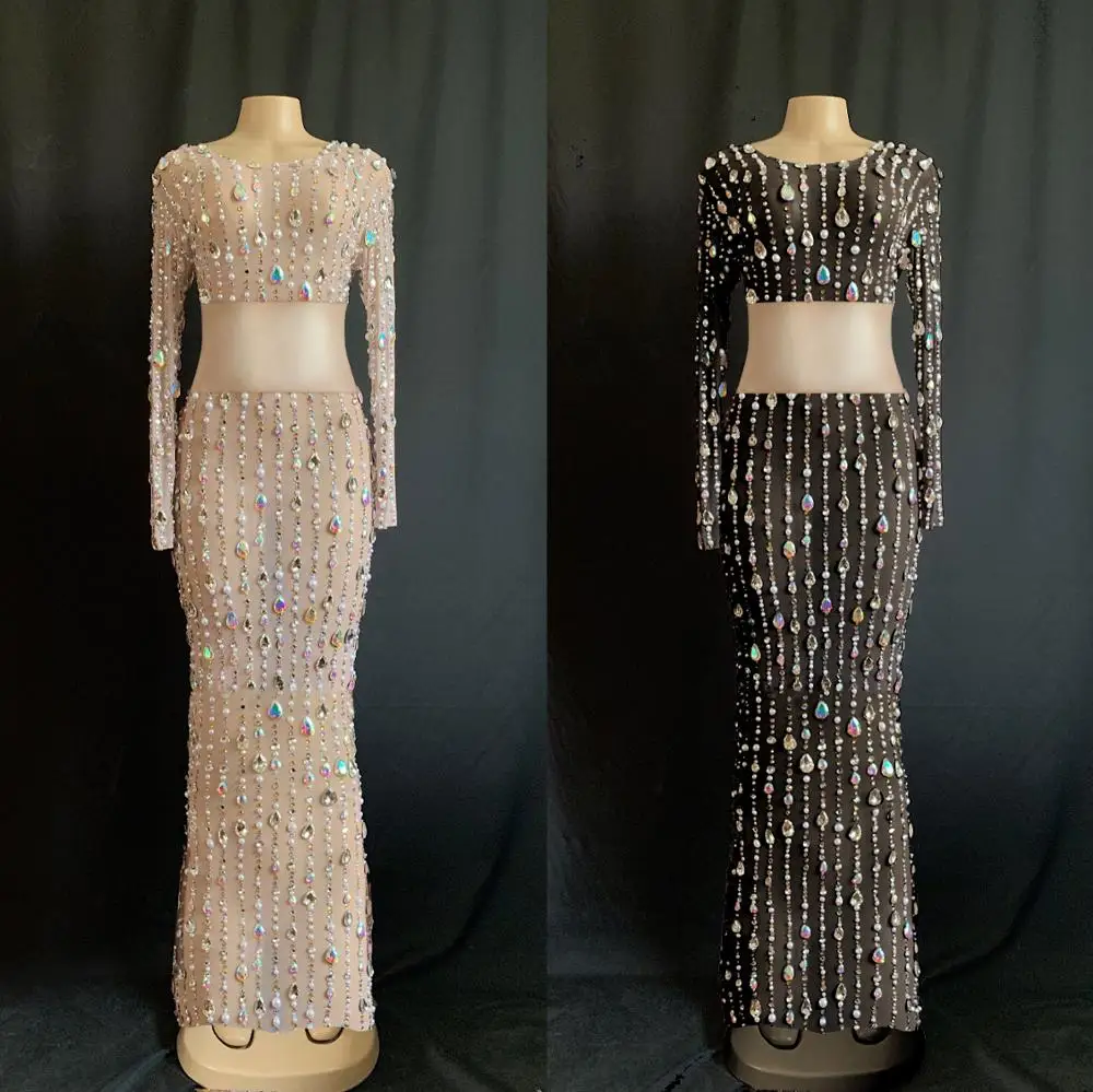 

Nude and Black Color Custom-made Ladies Long Sleeve Cystal Sexy 2 Pieces Bodycon Full Length Dress Pearl Performance Dress