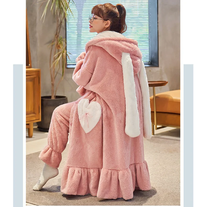 Two-piece Pajamas Women Thickened Plus Velvet Pajamas Autumn and Winter Long Coral Velvet Pajamas Cartoon Flannel Home Service