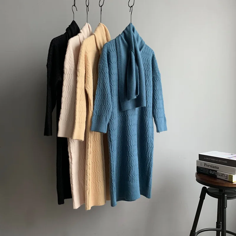 2019 зимний теплый свитер и пуловеры с шарфом элегантный женский длинный вязаный