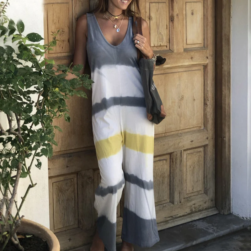 

Tie Dye Sleeveless Sexy Striped Wide Leg Jumpsuit Women Deep V Neck Contrast Color Block Jumpsuit Harajuku Tank Jumpsuit Low Cut
