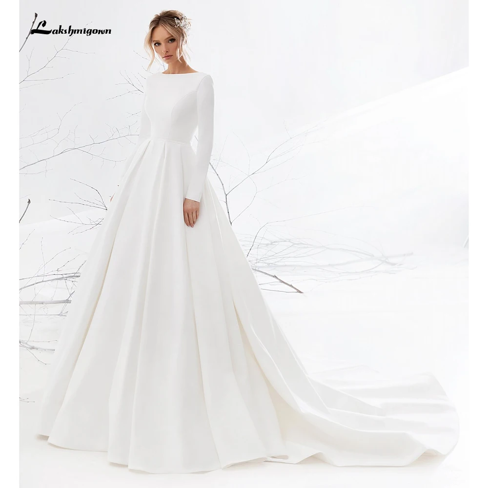 

Женское атласное платье с длинным рукавом, элегантное простое свадебное платье с круглым вырезом и кружевными бусинами, 2021