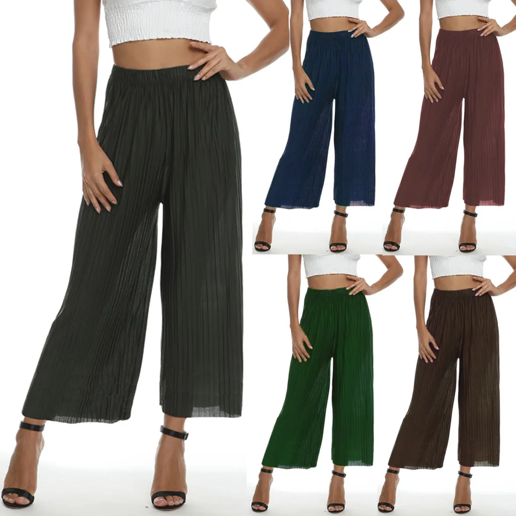 

Women's pleated casual solid color trousers summer wide loose solid color plus size pleated casual trousers 40*