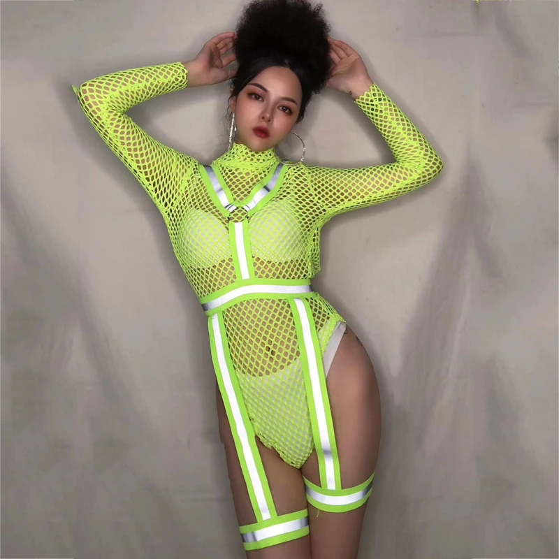 

Reflective Elastic Band Fluorescent Green Net Bodysuit Gogo Performance Costumes Rave Outfits Pole Dance Festival Clothes XS2243