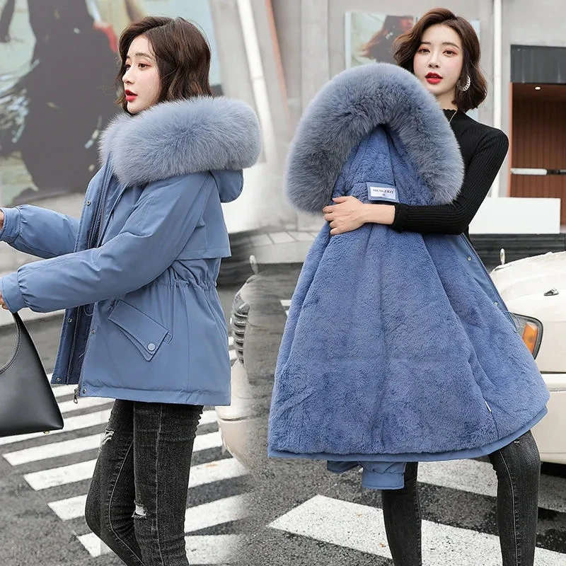 

Women Parkas Winter Jacket Big Fur Collar Fleece Liner Puffer Coat Short Windproof Thick Trench Coat Korean Hooded Bubble Coat