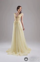 sexy 2018 long robe de soiree sheer v neck cap sleeve with appliques flowers yellow tulle maxi vestido bridesmaid dresses